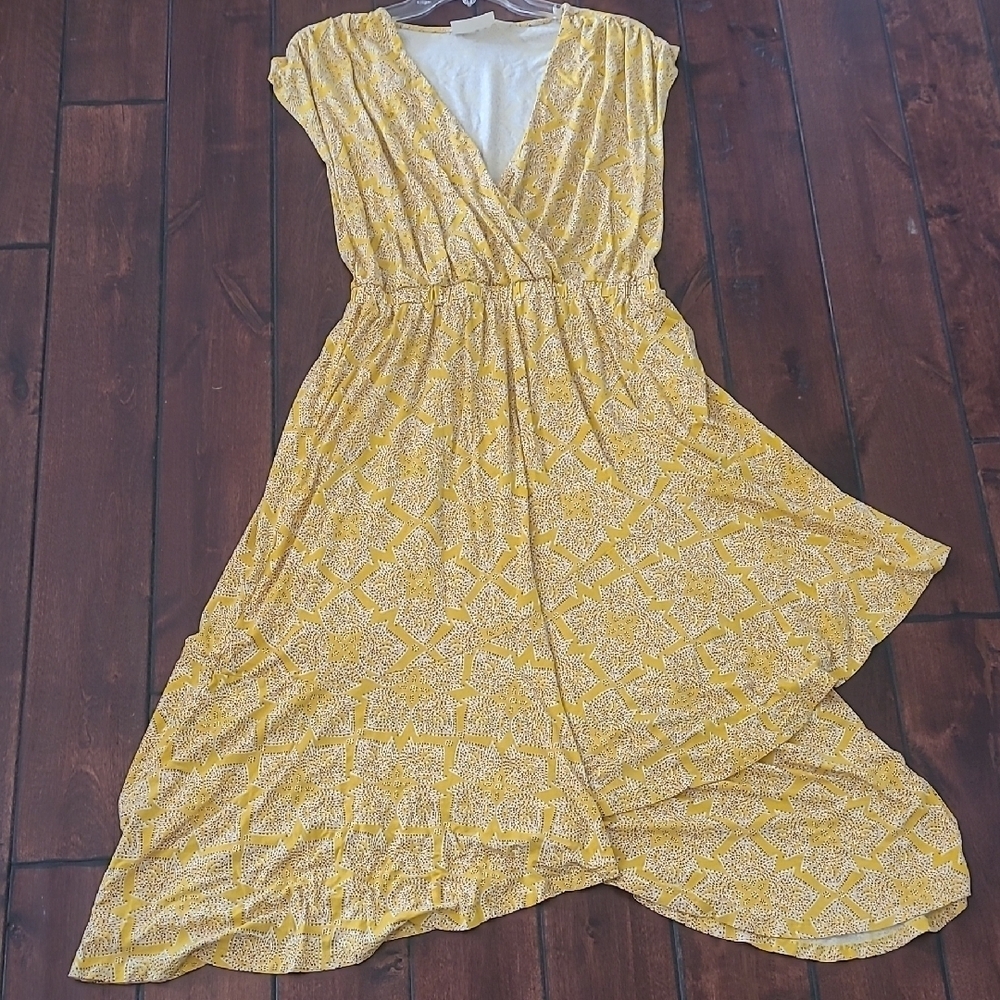Maeve Yellow Absract Print Asymetrical Hem Shortsleeve Dress Size M - Picture 4 of 13
